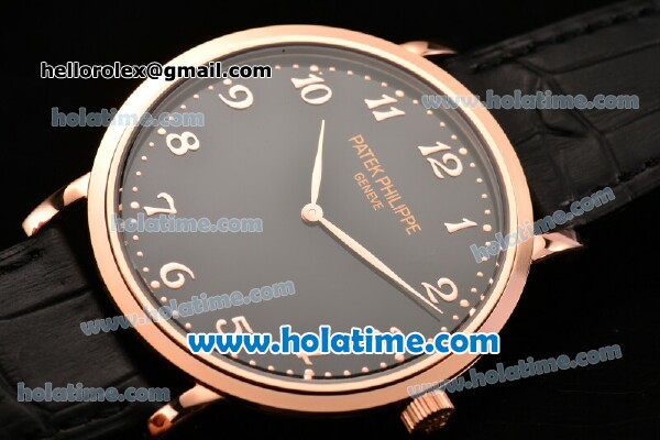 Patek Philippe Calatrava Miyota OS2035 Quartz Rose Gold Case with Rose Gold Arabic Numeral Markers and Black Dial - Click Image to Close